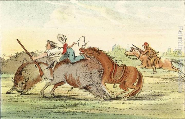George Catlin Native American Hunting Buffalo on Horseback
